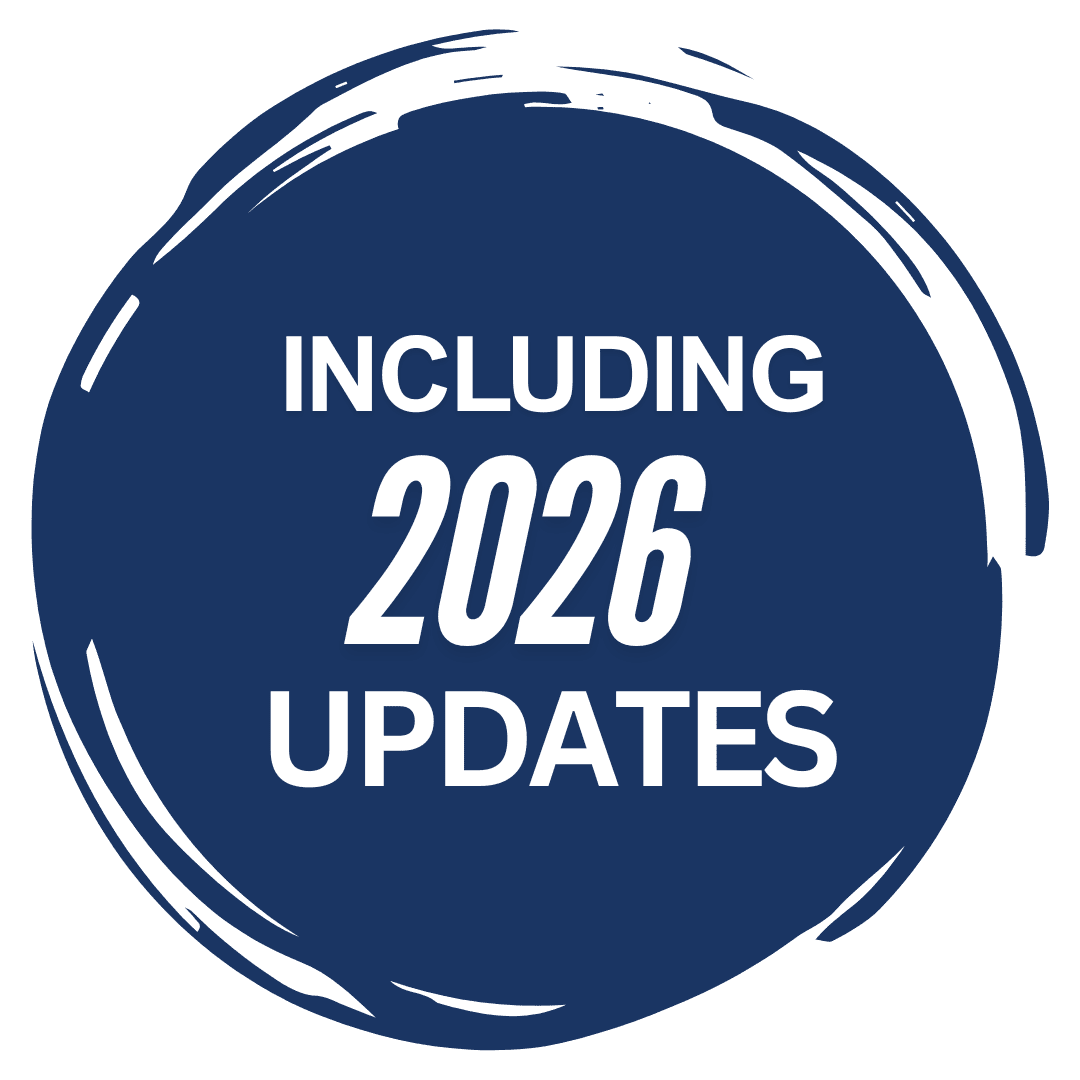 Badge stating 'Including 2026 Updates' in white on a dark blue circle.